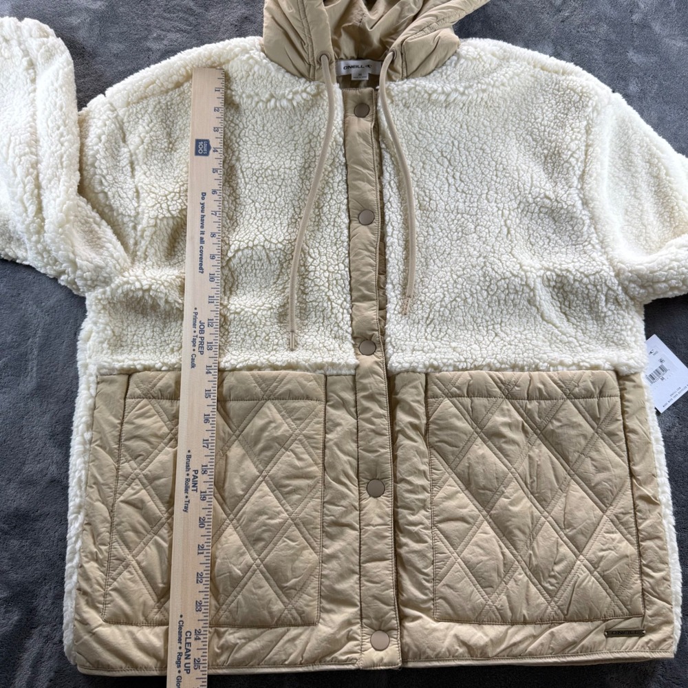 O'Neill Womens Sherpa Quilted Hooded Jacket Cream Tan Mixed Media Size M - Picture 8 of 10